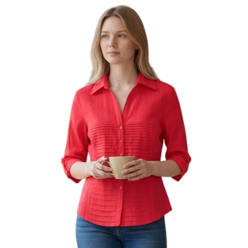Linen V-Neck Button Down Pintuck Shirt Size Medium